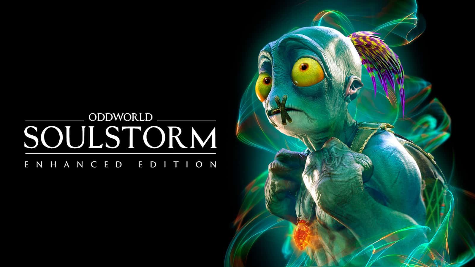 An image of Abe next to the Oddworld Soulstorm logo