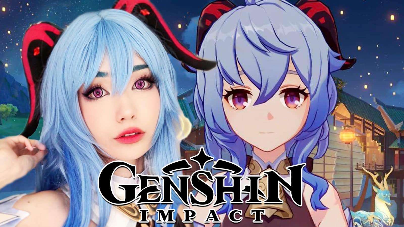 Twitch streamer Emiru next to Genshin Impact's Ganyu