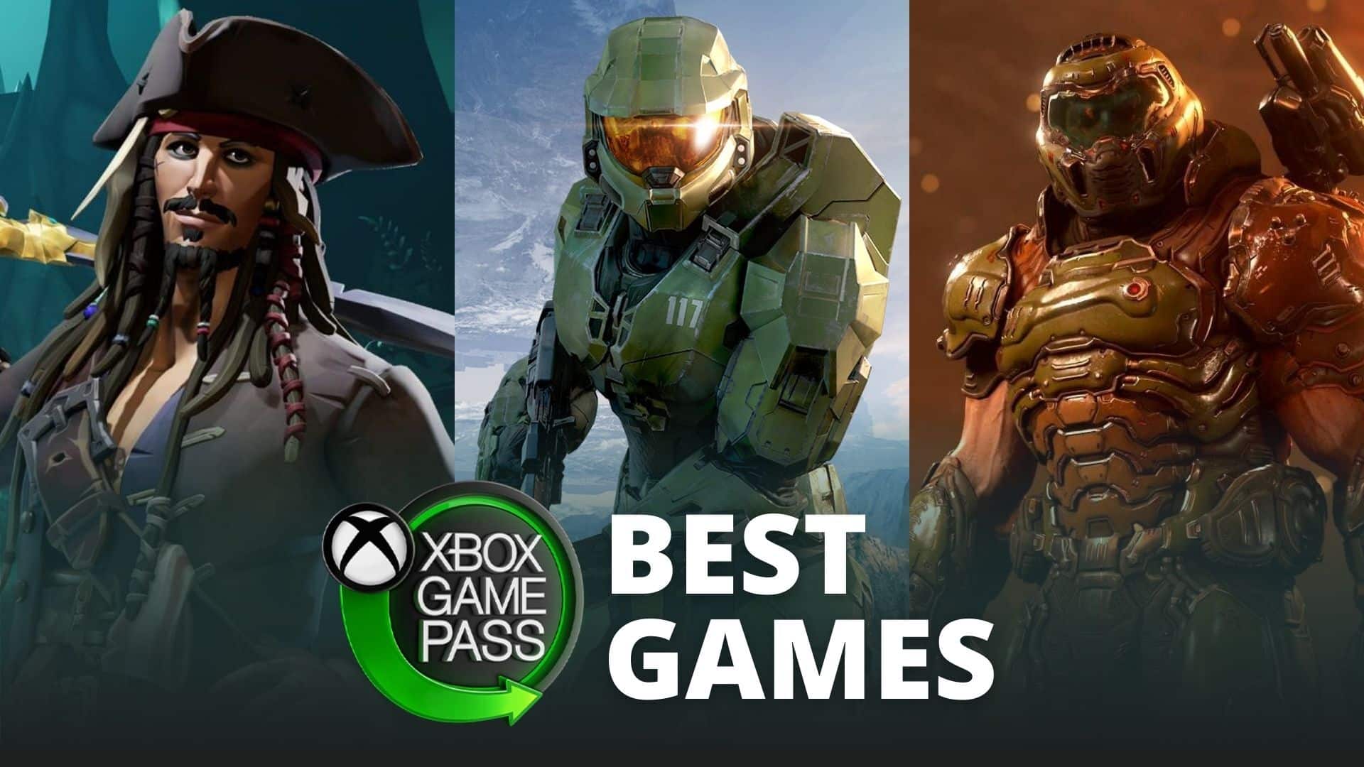 Xbox Game Pass logo with Jack Sparrow, Master Chief and Doomslayer