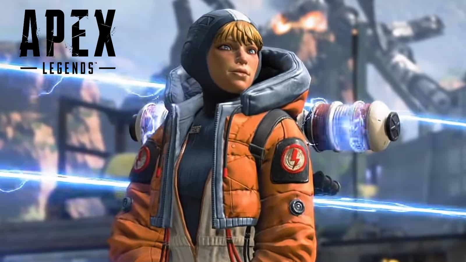 Apex Legends girl in orange puffer jacket and blue hood stands in front of electric fence