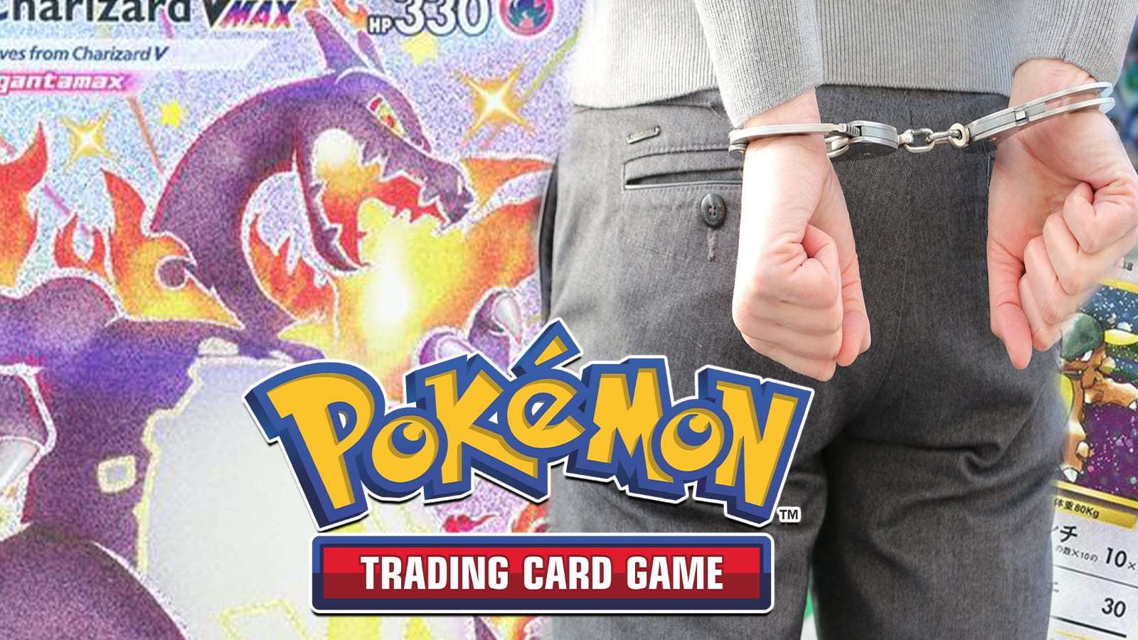 Pokemon Shining Fates Charizsard card next to man in handcuffs