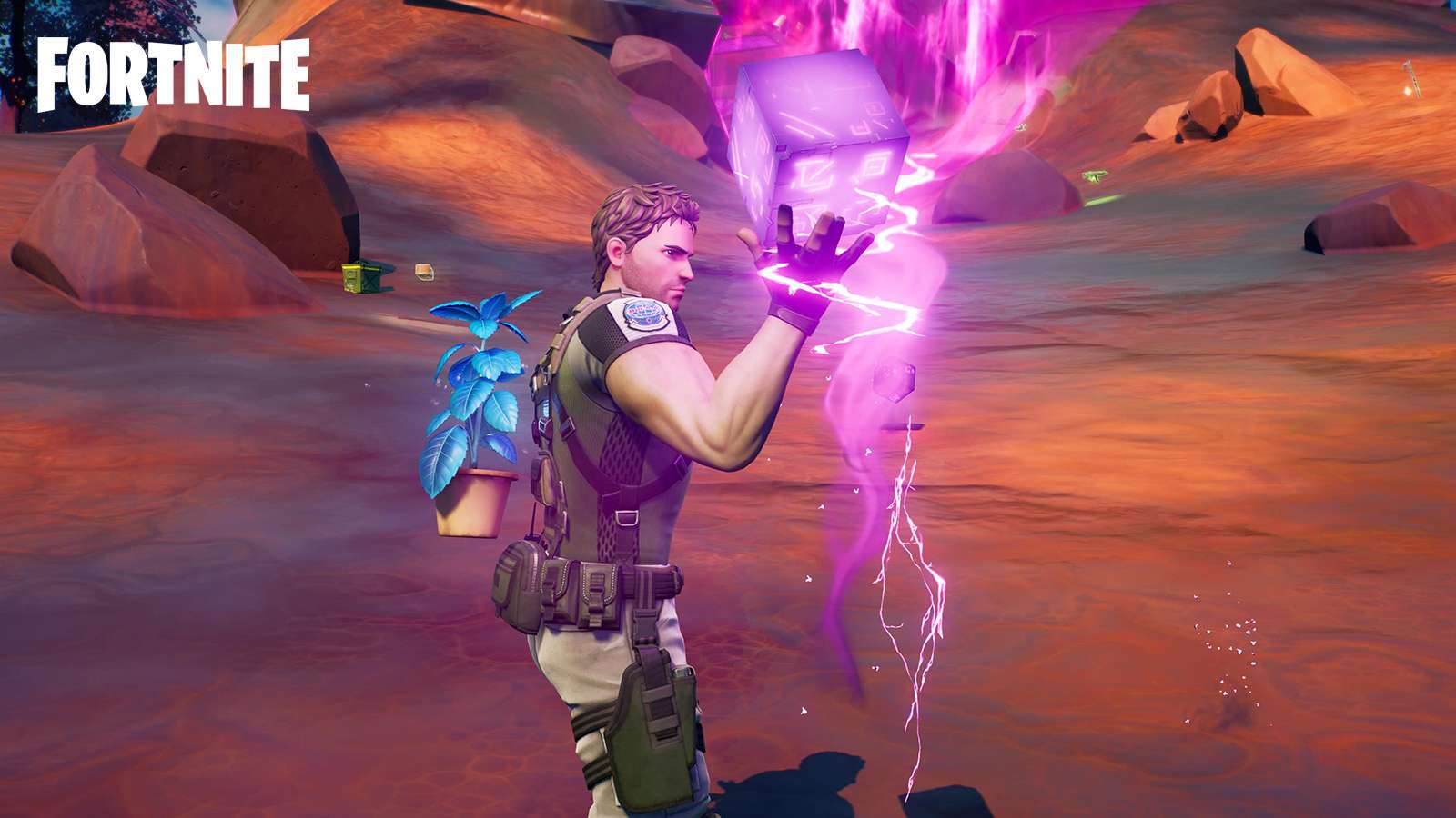 Chris Redfield consuming a Shadow Stone in Fortnite