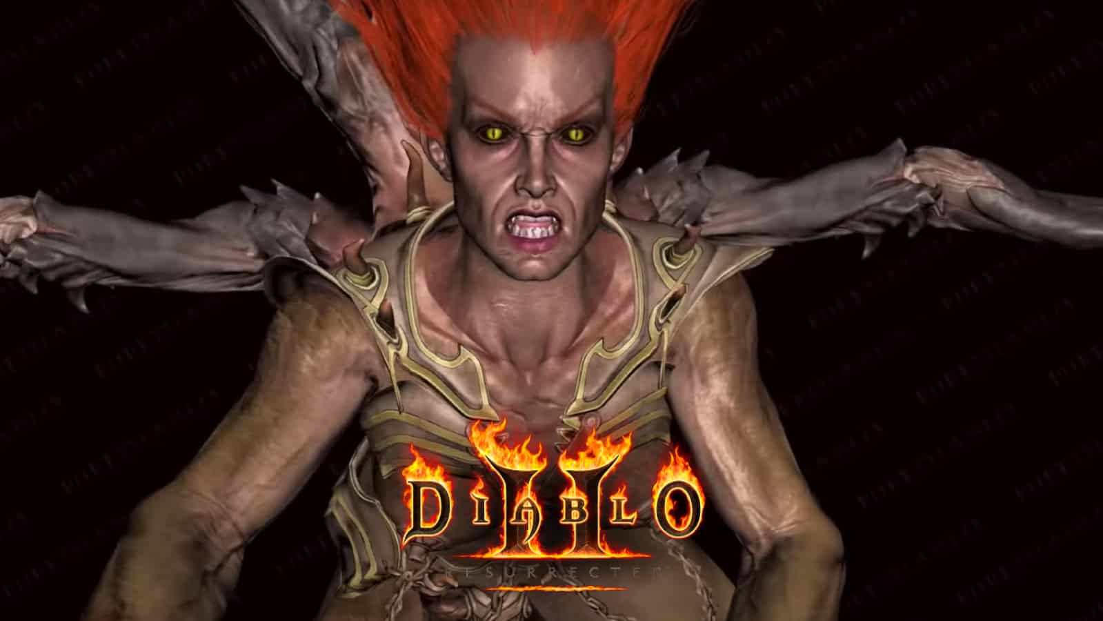 Diablo woman with spider legs and red hair looks into the camera