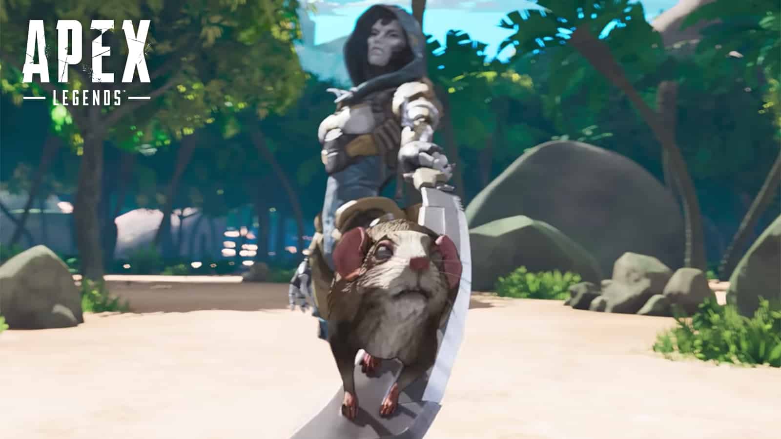 Ash's pet rat sitting on the edge of a sword in Apex Legends.