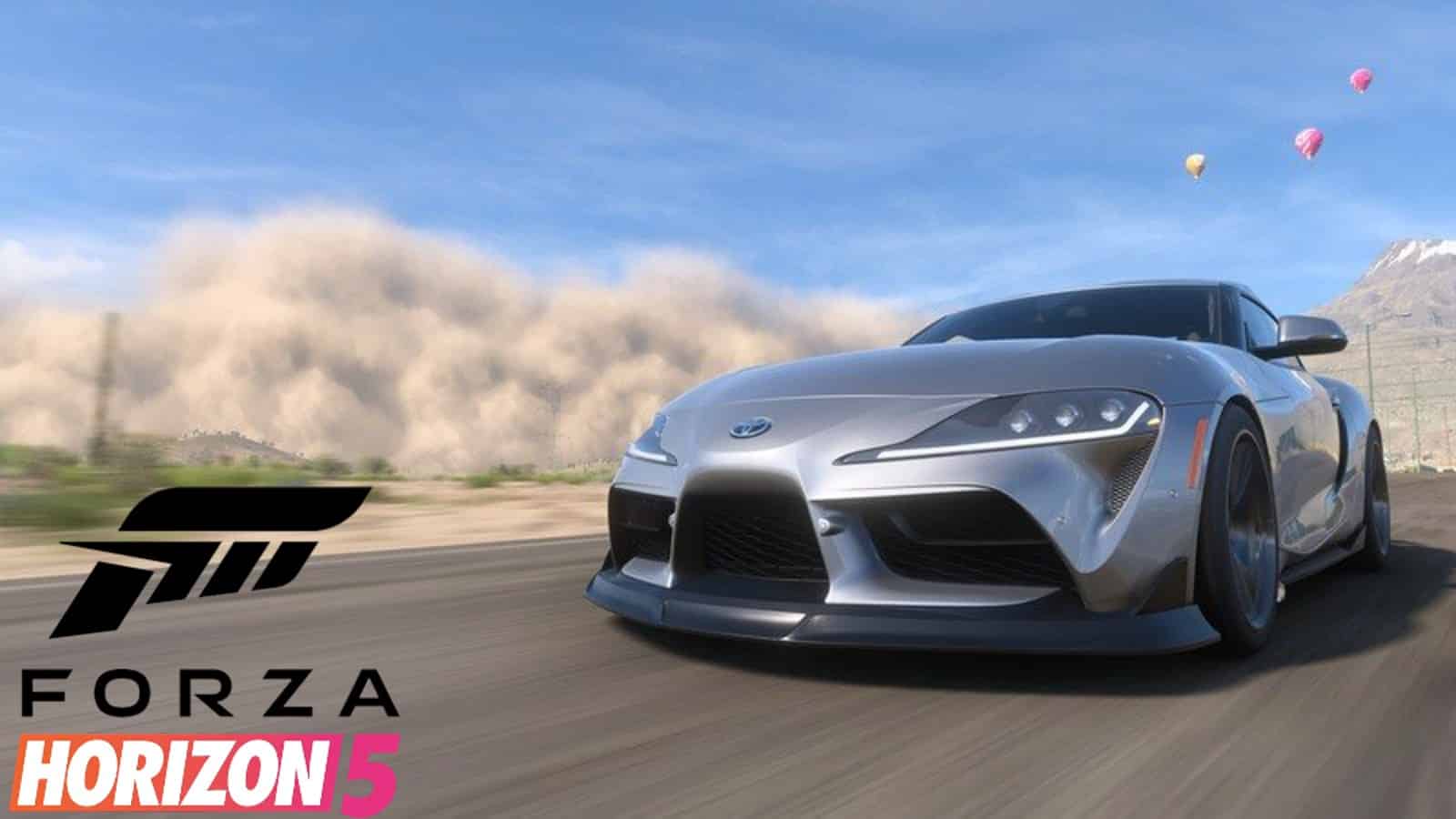 Car racing down a dirt road in Forza Horizon 5