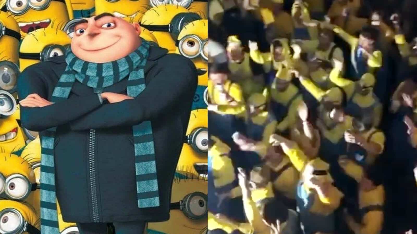 Despicable Me characters next to a group of people dressed as Minions