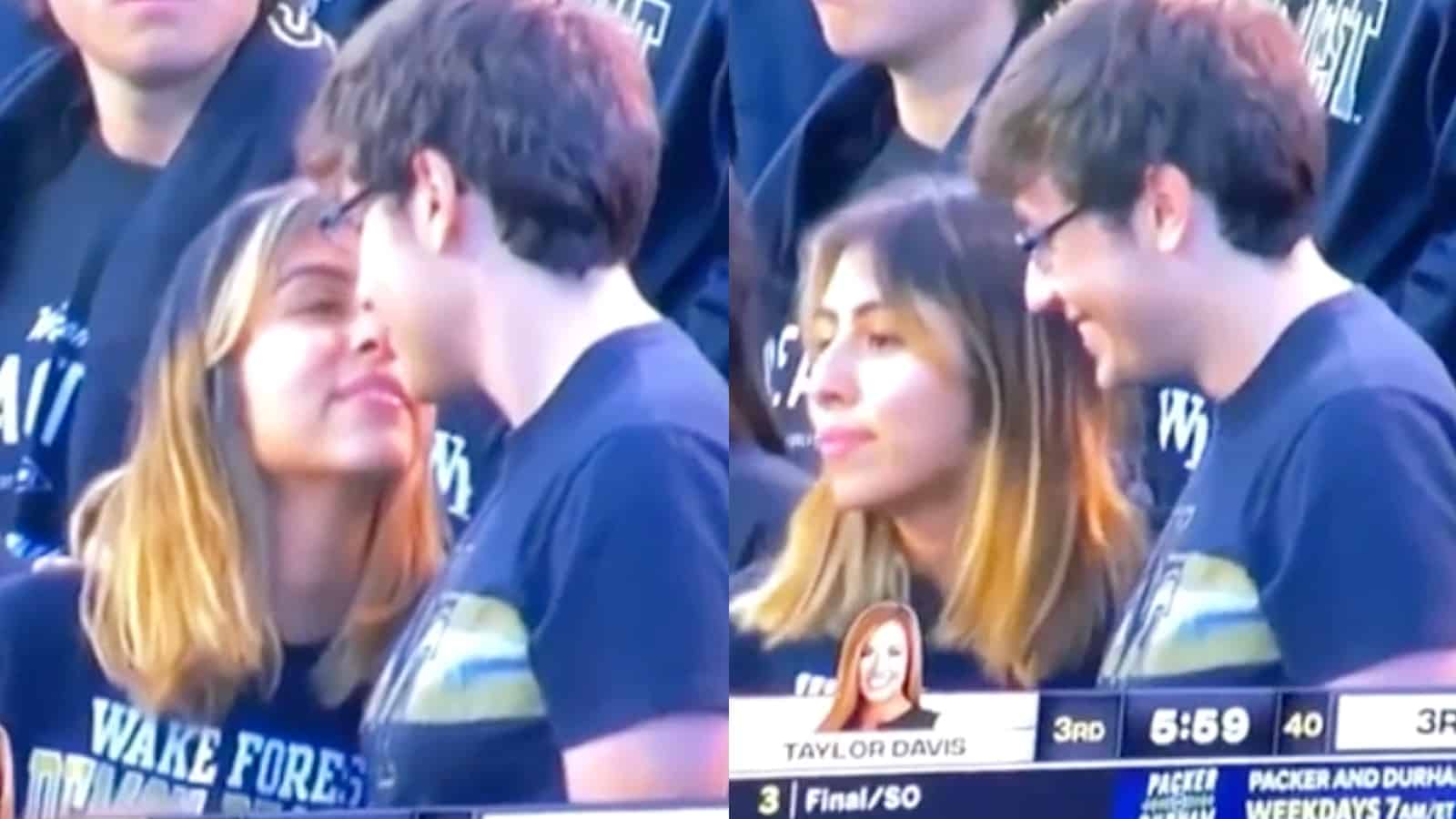 Girl and a guy standing next to each other at a football game