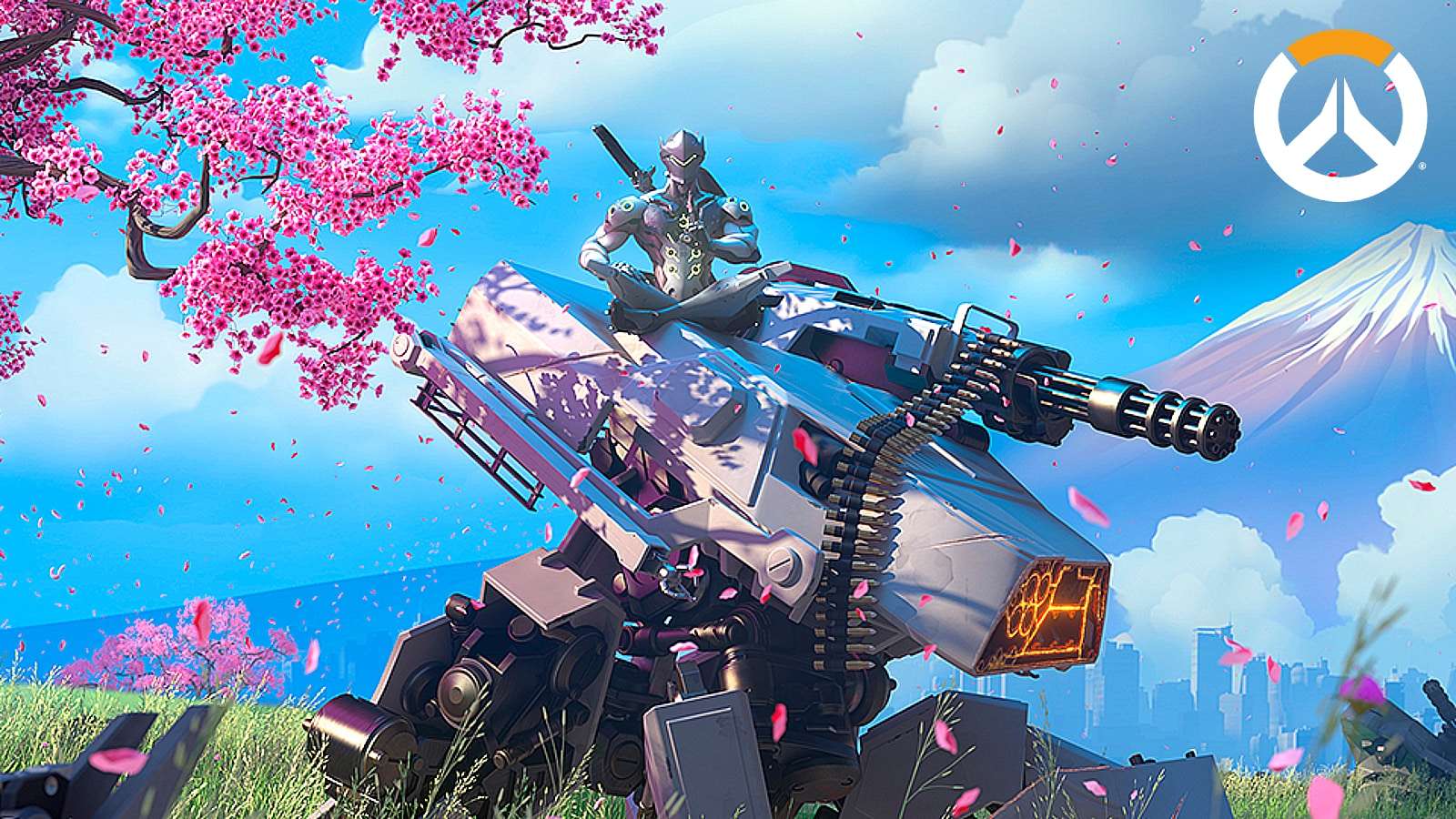 Overwatch ninja sits on top of a huge robotic gun with mount fuji and cherry blossoms in the background