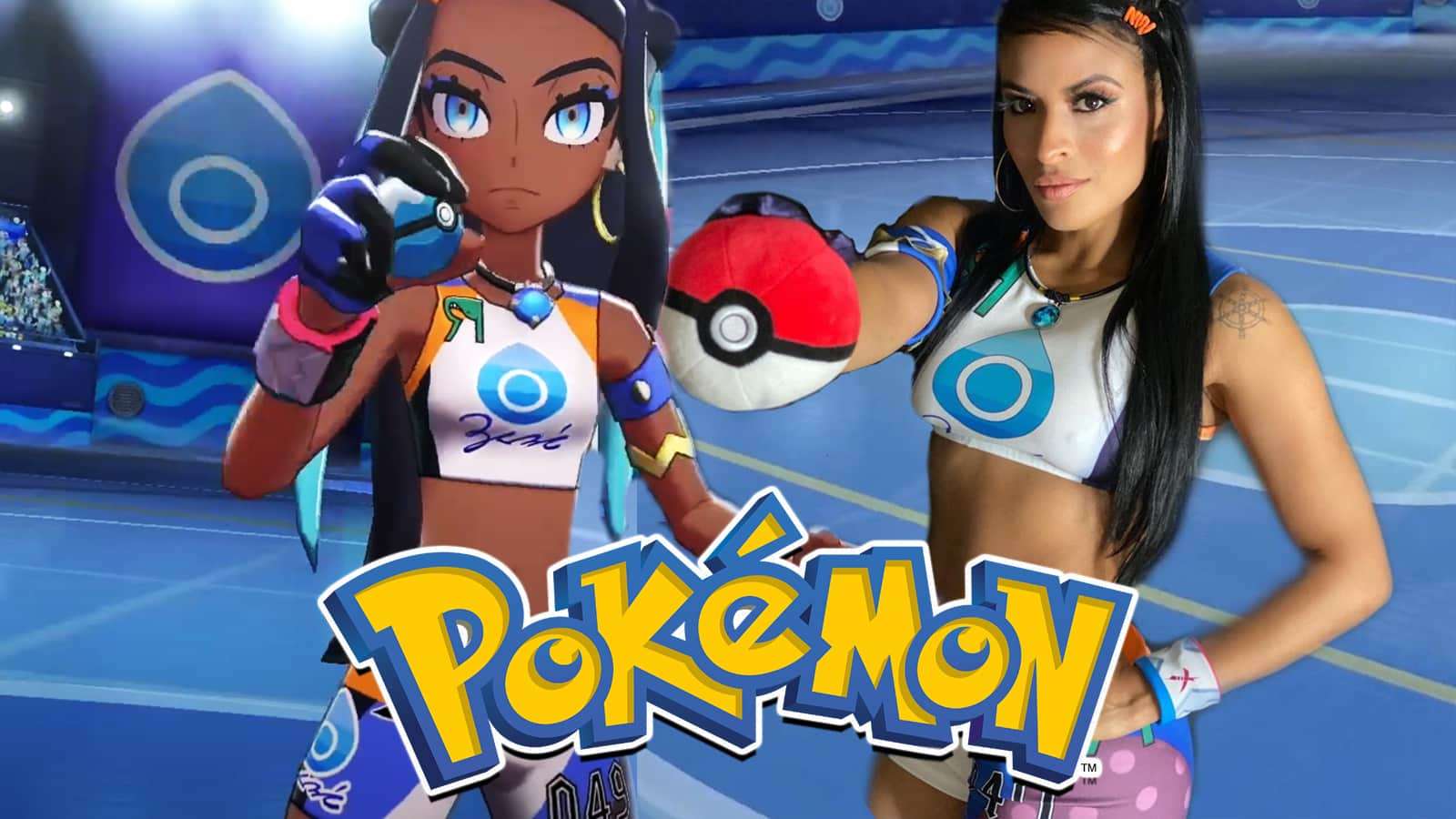 Pokemon Sword & Shield Gym Leader Nessa next to WWE Star Zelina Vega