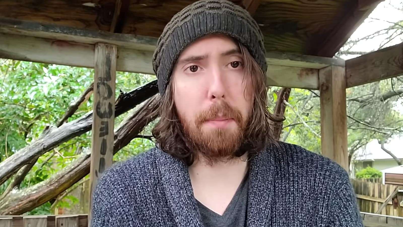 Asmongold waering green beanie and grey cardigan in treehouse
