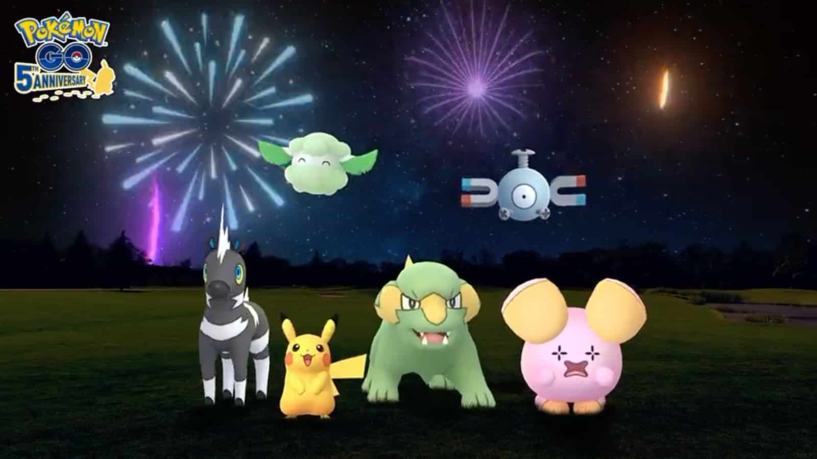 Fireworks exploding above Pikachu and friends in Pokemon Go
