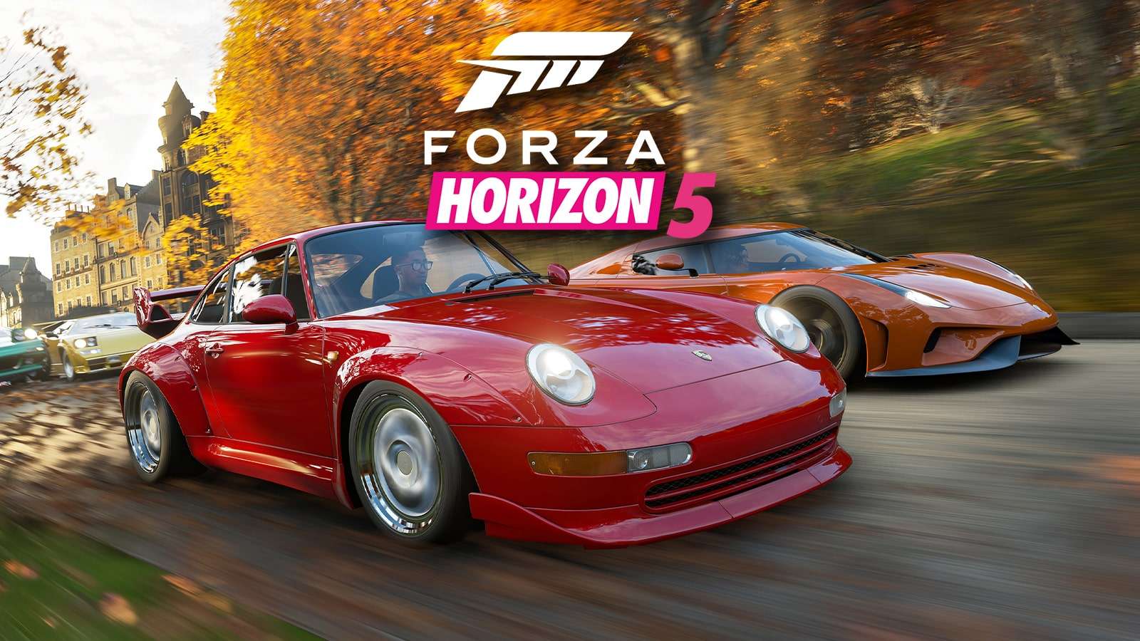 Forza Horizon 5 cars speeding along a road