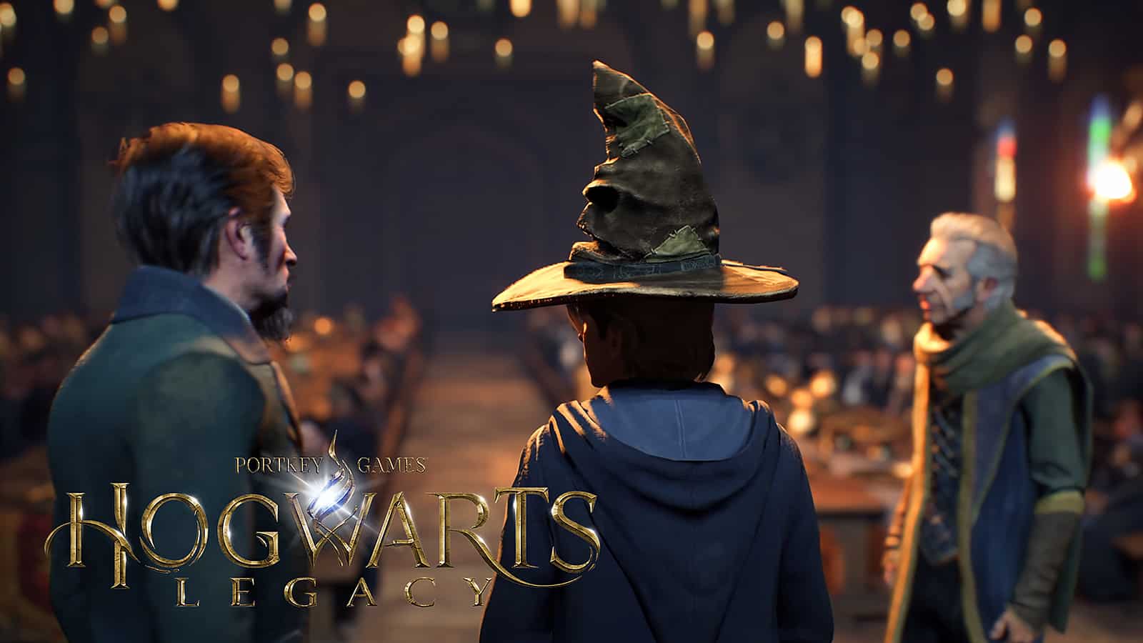 An image of a student and professors with the Sorting Hat in Hogwarts Legacy