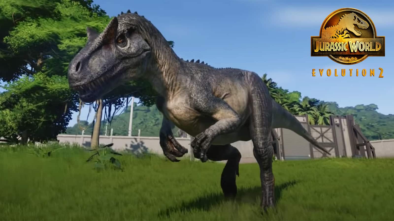 A safely enclosed Allosaurus in Jurassic World Evolution 2