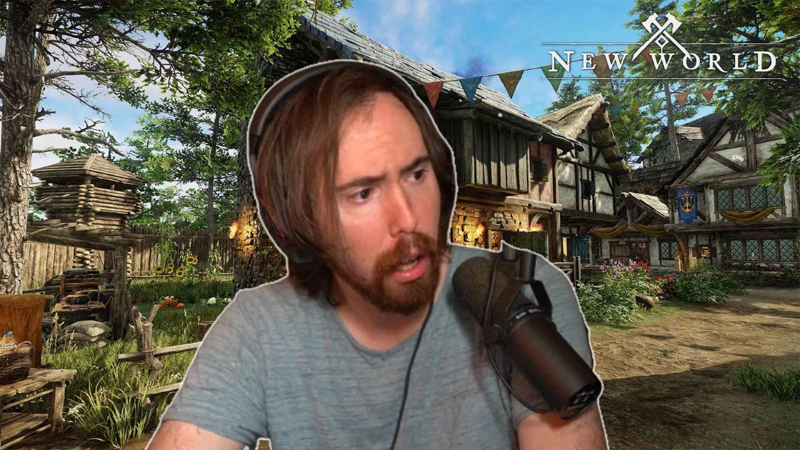 Asmongold with a New World backdrop