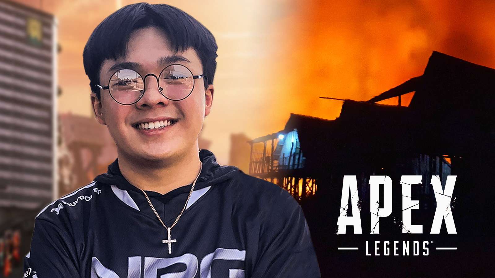 Apex Legends pro for NRG nafen standing in front of burning house
