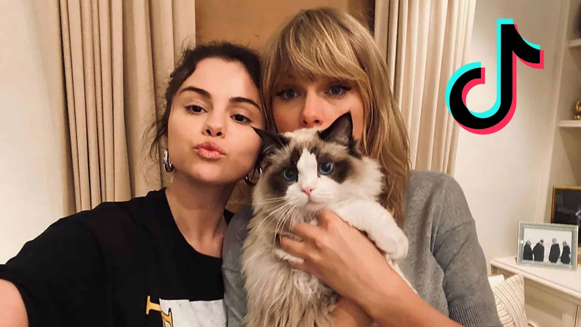 Taylor Swift and Selena Gomez holding a cat next to the TikTok logo