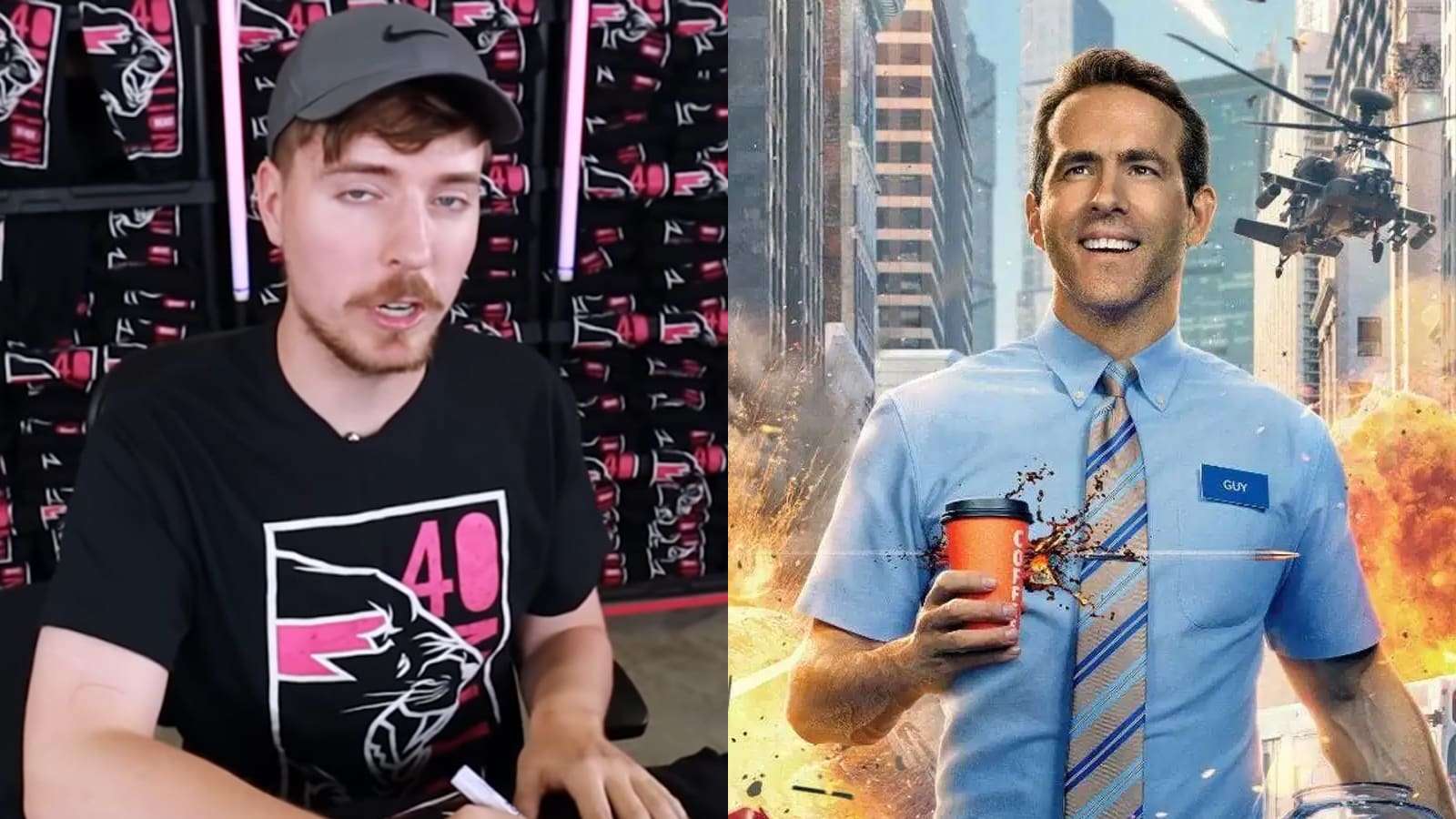 An image of YouTuber Mr Beast and actor Ryan Reynolds in the movie Free Guy.