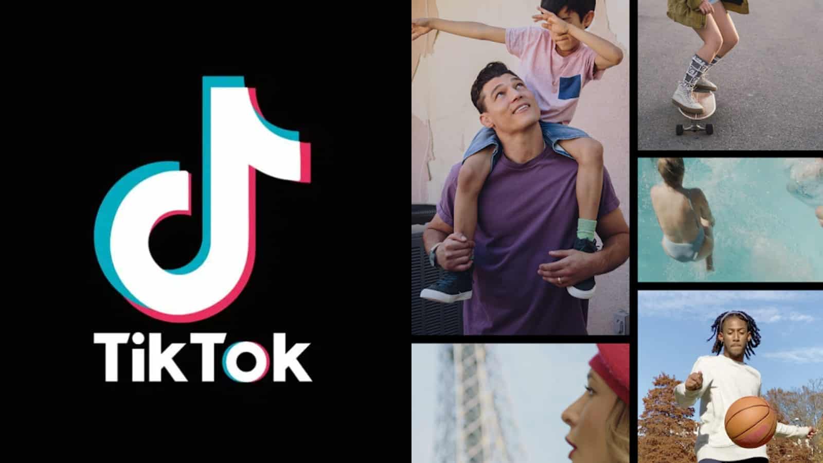 TikTok logo next to a collage of TikTok posts