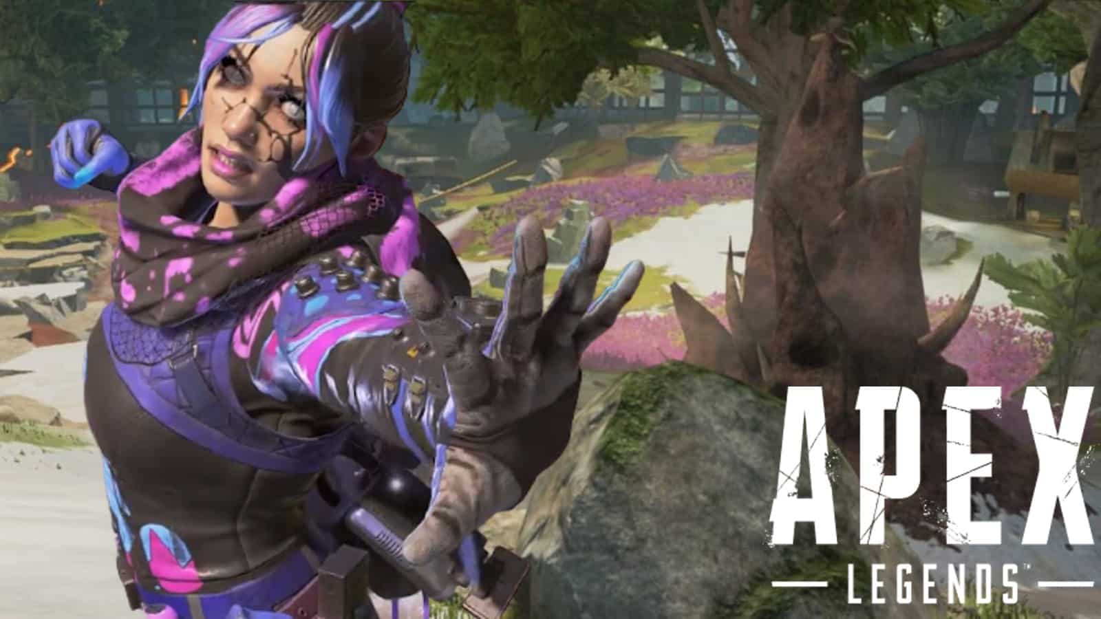 Wraith superimposed over a screenshot from the Storm Point Apex Legends map
