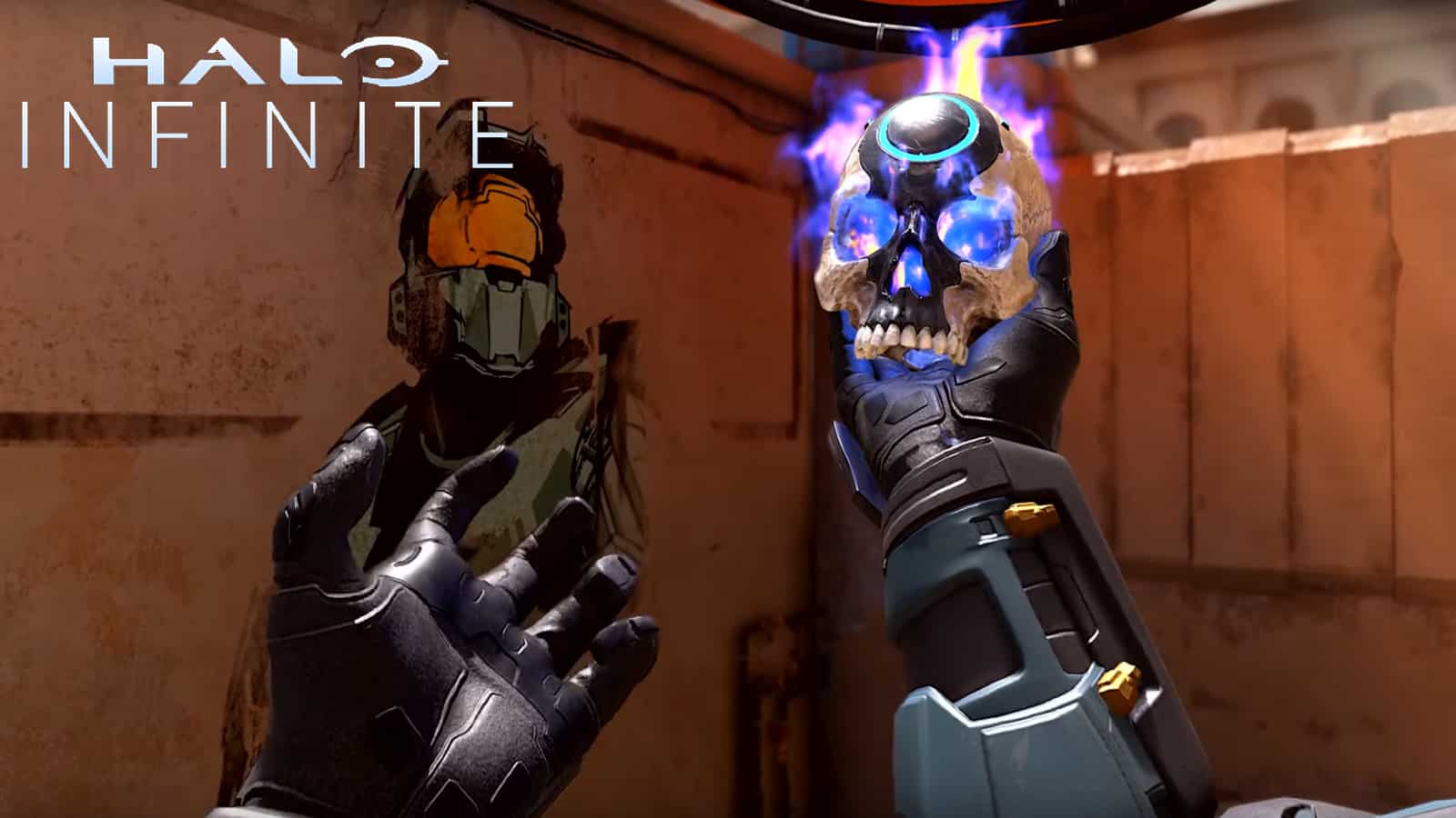 Halo Infinite spartan carrying the Oddball and holding in a pose similar to Shakespeare's Hamlet