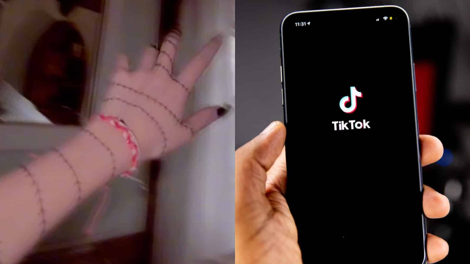 A hand next to a phone with the TikTok logo on