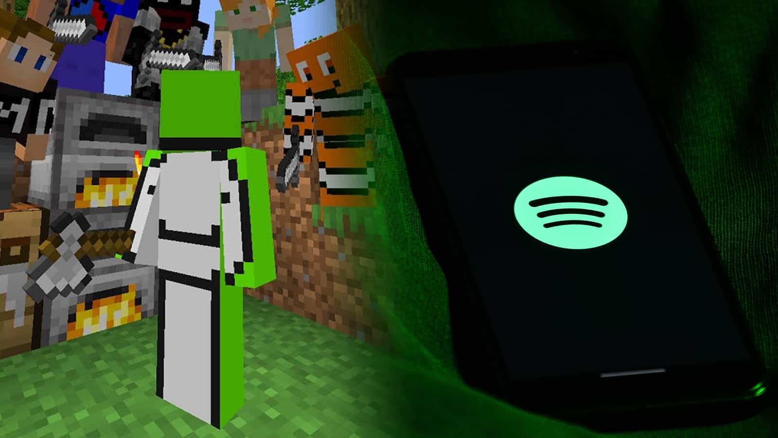 Dream Minecraft character next to Spotify logo on phone