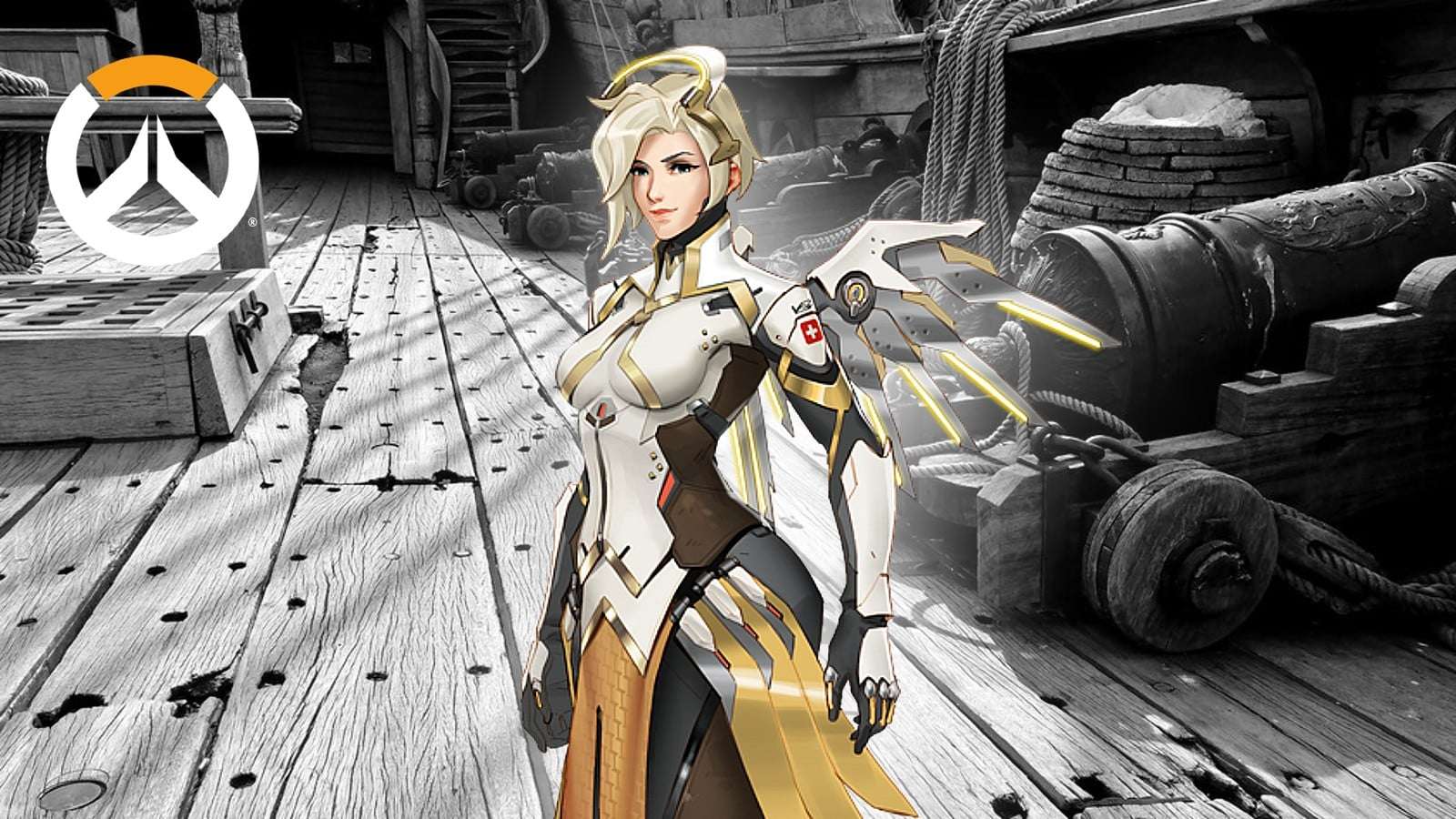 overwatch 2 mercy on a pirate ship deck with cannon