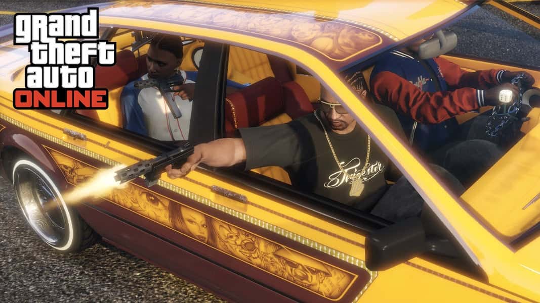GTA Online characters doing a drive-by in a lowrider