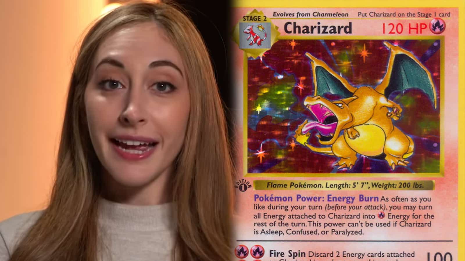 Pokemon voice actor Sarah Natochenny next to Charizard Pokemon Card