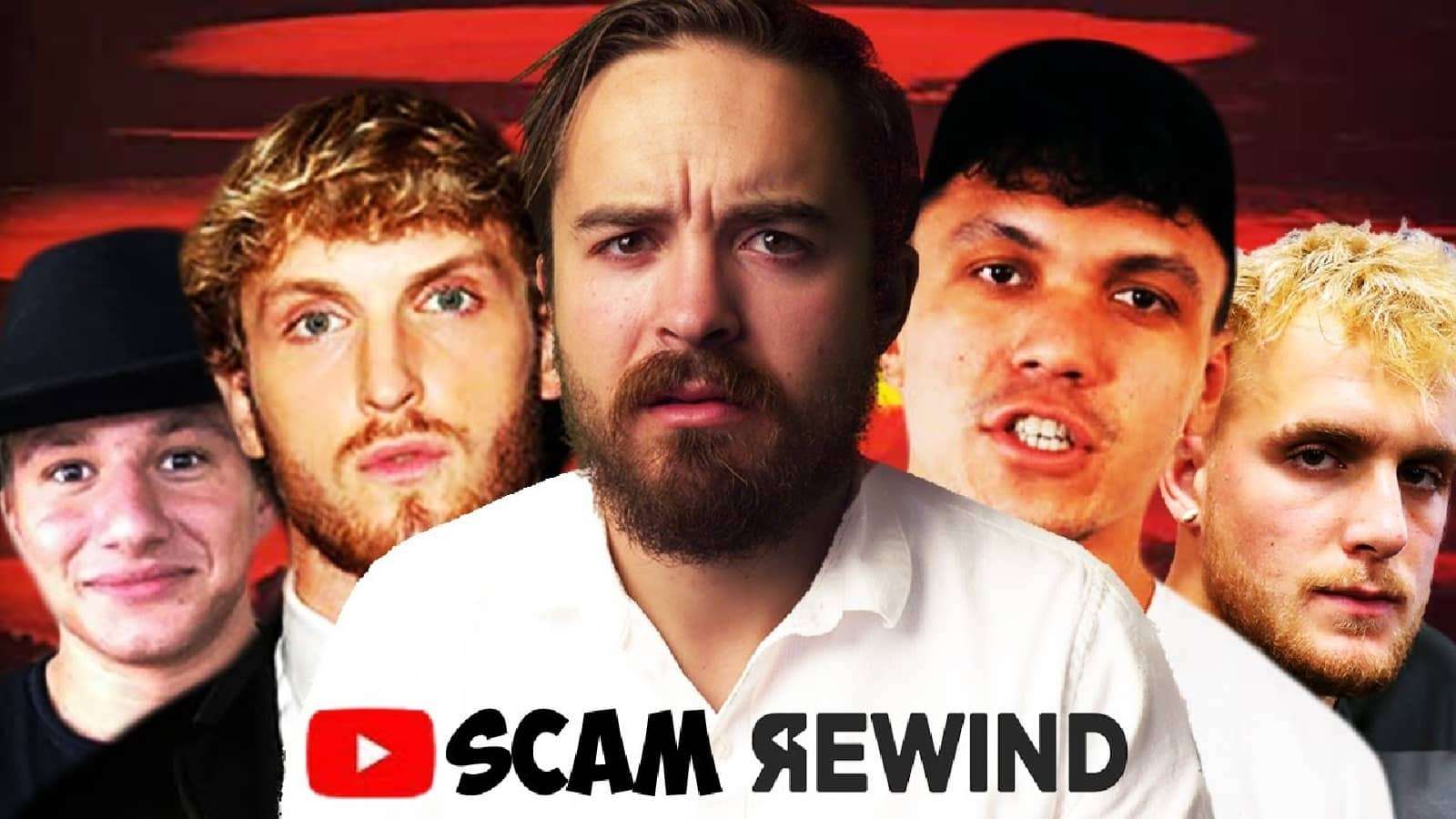 coffeezilla youtube scam rewind thumbnail with Logan Paul, Jake Paul, SteveWillDoIt and FaZe Kay