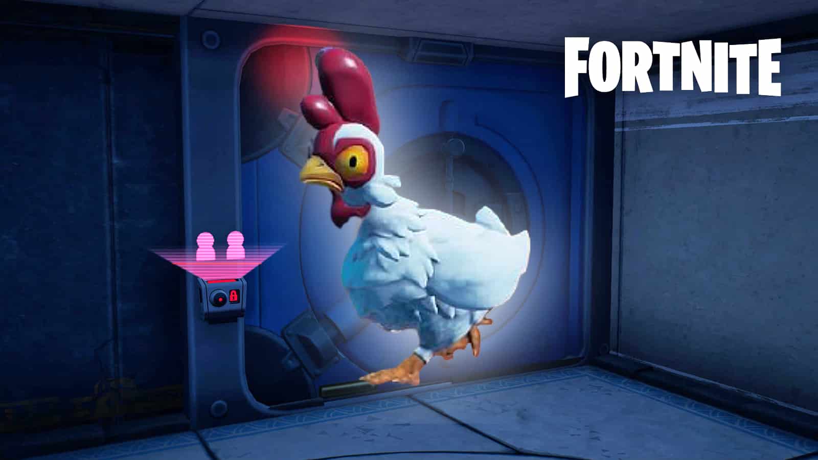 fortnite chicken in front of a chapter 3 vault
