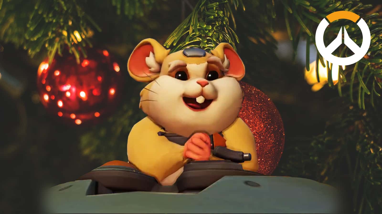 overwatch wrecking ball hammond against a christmas background with tree and decorations
