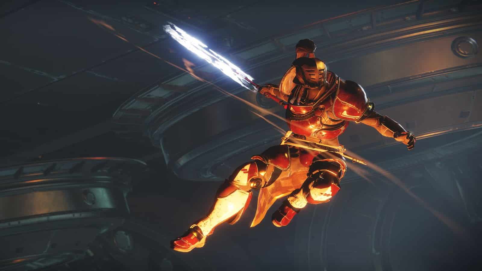 Destiny 2 guardian flying through the air