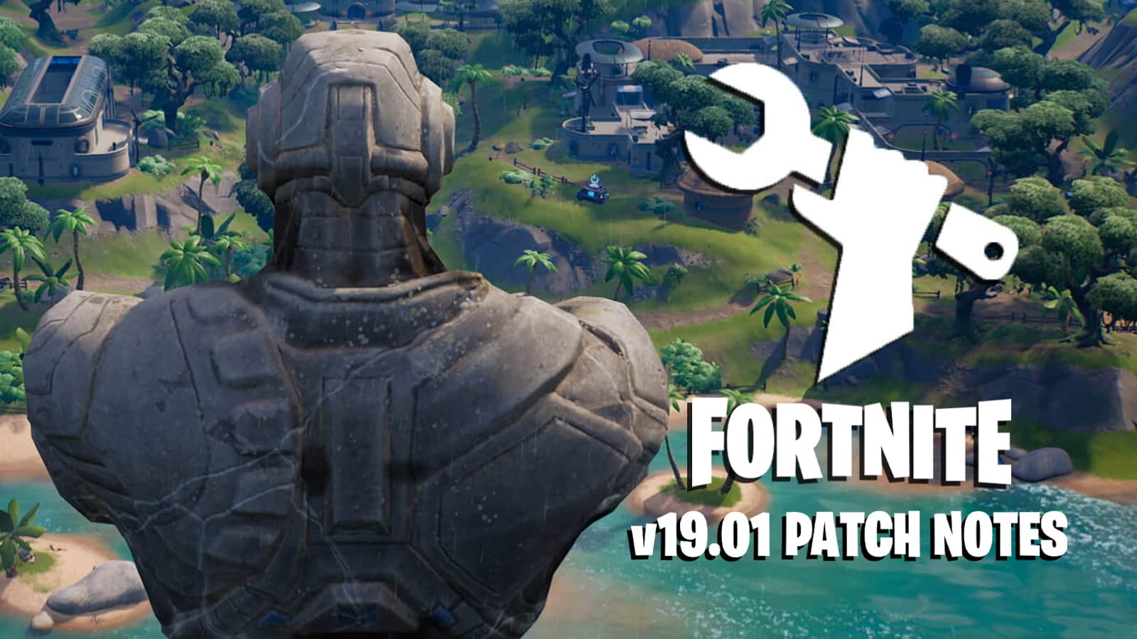 Fortnite 19.01 patch notes update logo next to the Island map