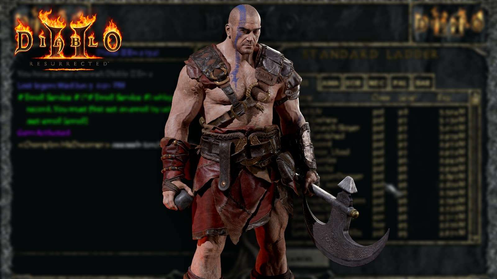 Diablo 2 Resurrected barbarian in front of original ladder screen