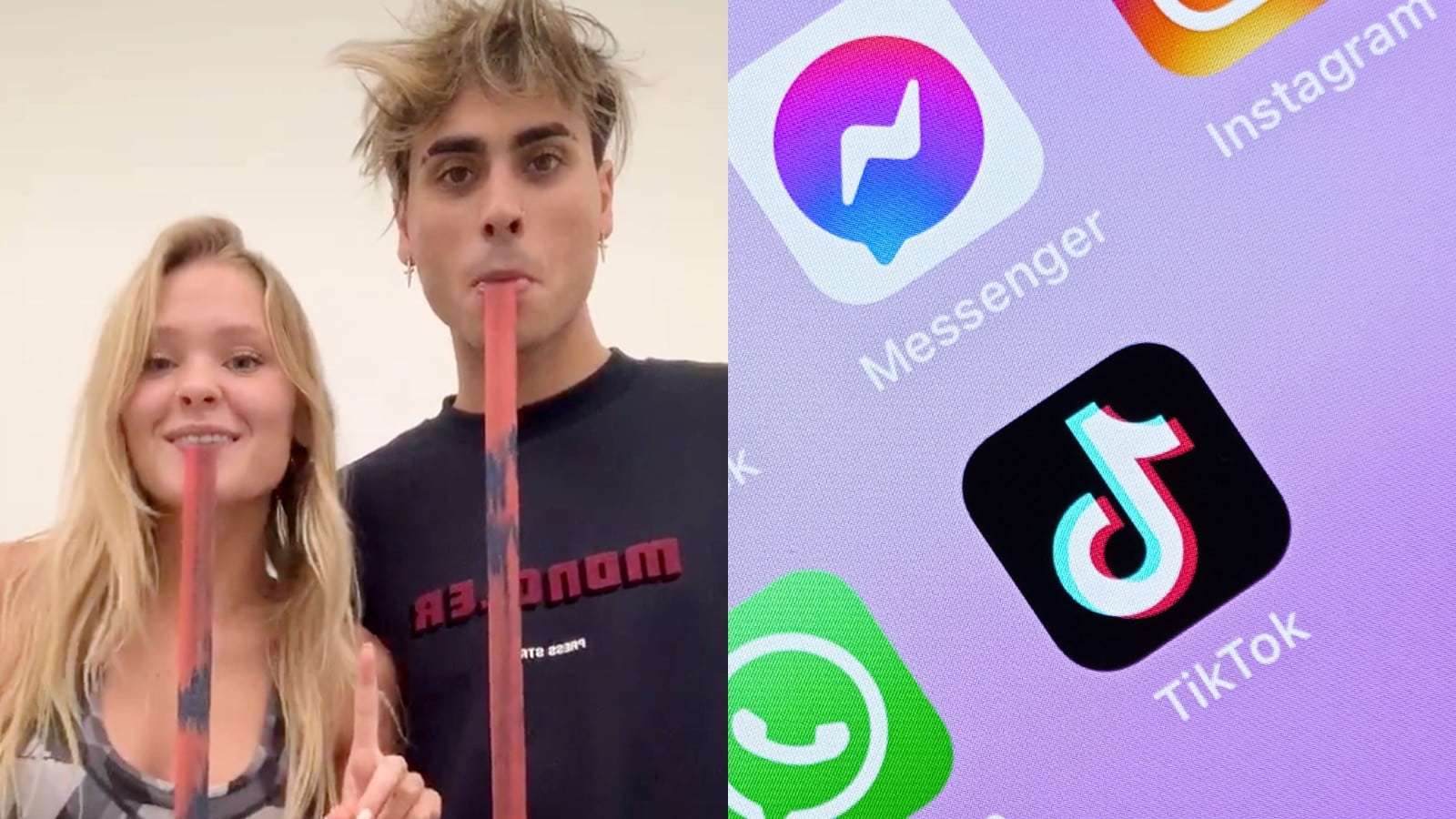 Two TikTokers doing the fruit roll up challenge next to the TikTok logo