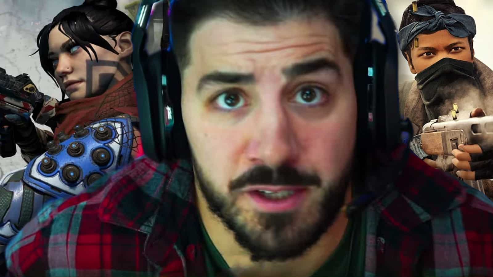 Nickmercs next to Wraith from Apex Legends and Warzone operator.