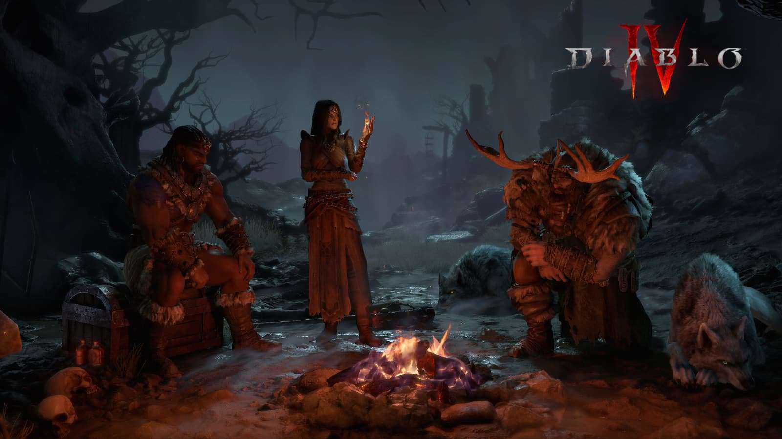 diablo 4 druid sorceress barbarian sit around campfire