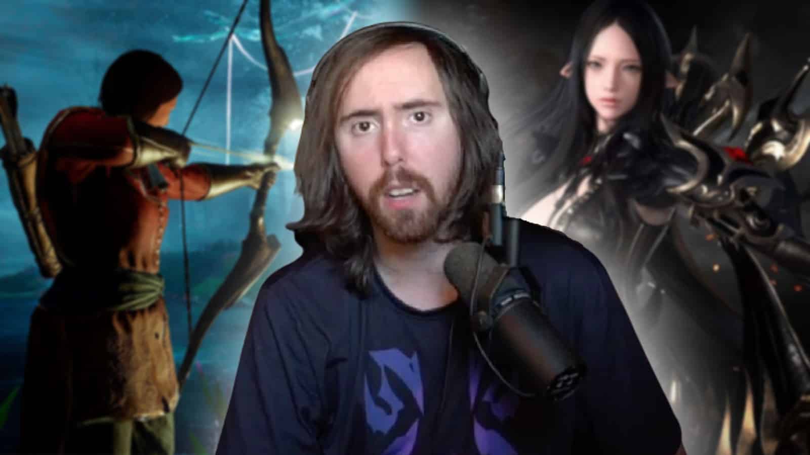 twitch streamer asmongold with new world and lost ark characters in the background