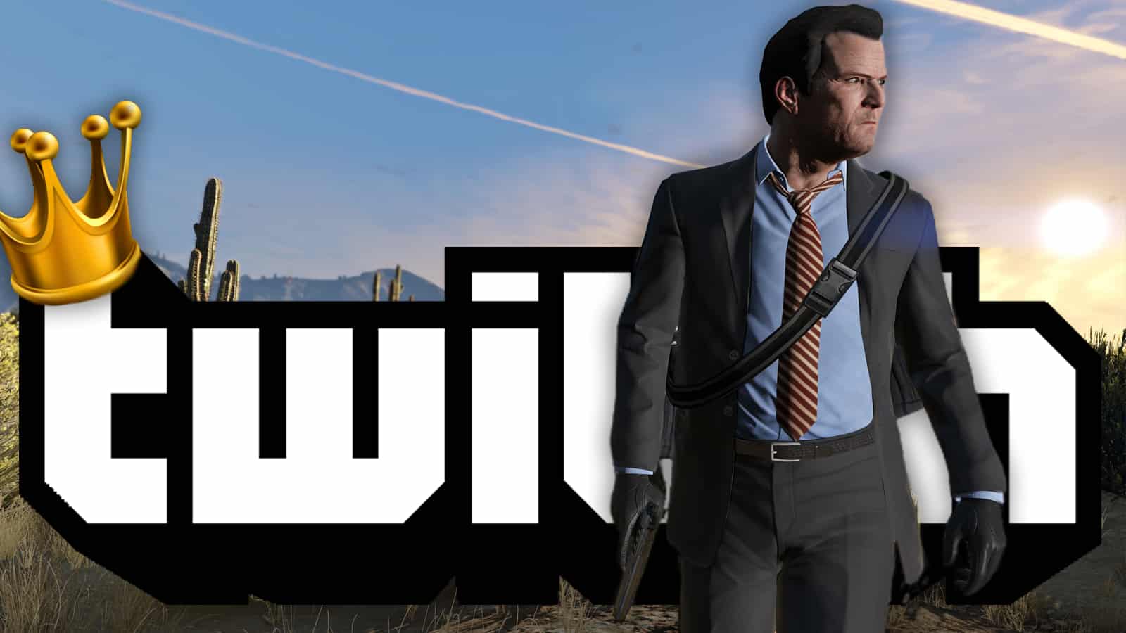 GTA character stands in front of Twitch logo.