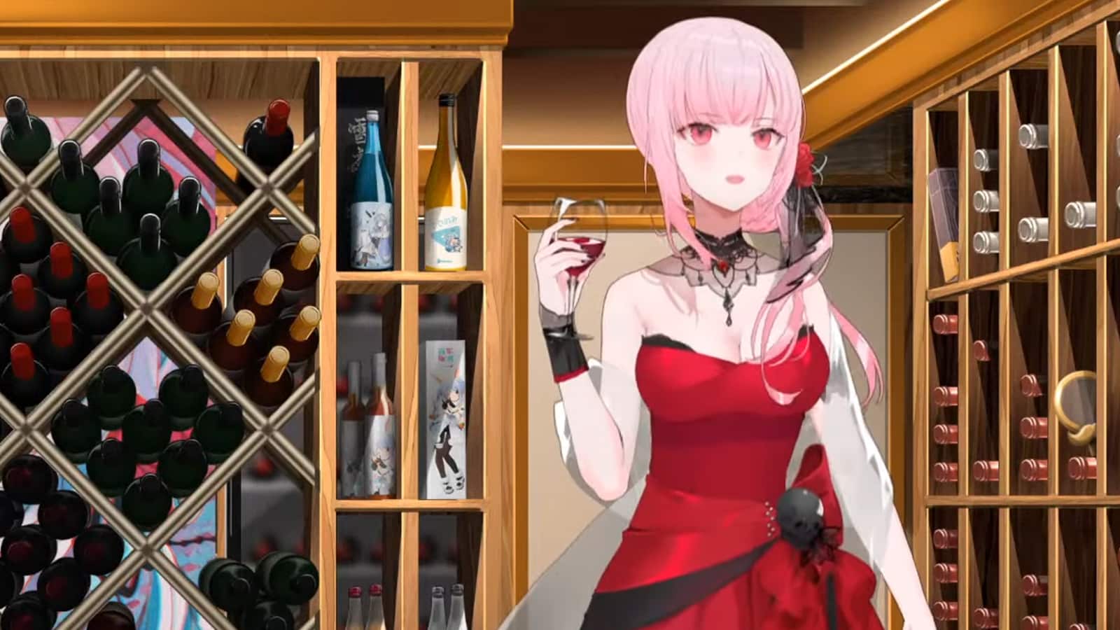 Hololive VTuber Mori Calliope in red dress holding glass of wine