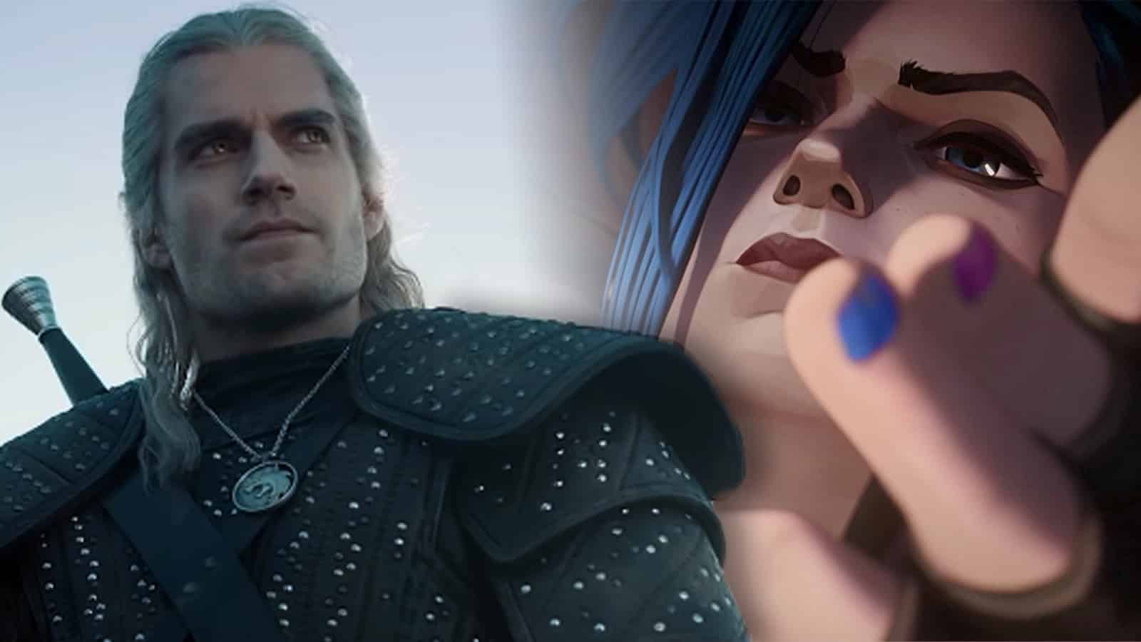 henry cavill as geralt in the witcher next to jinx from arcane