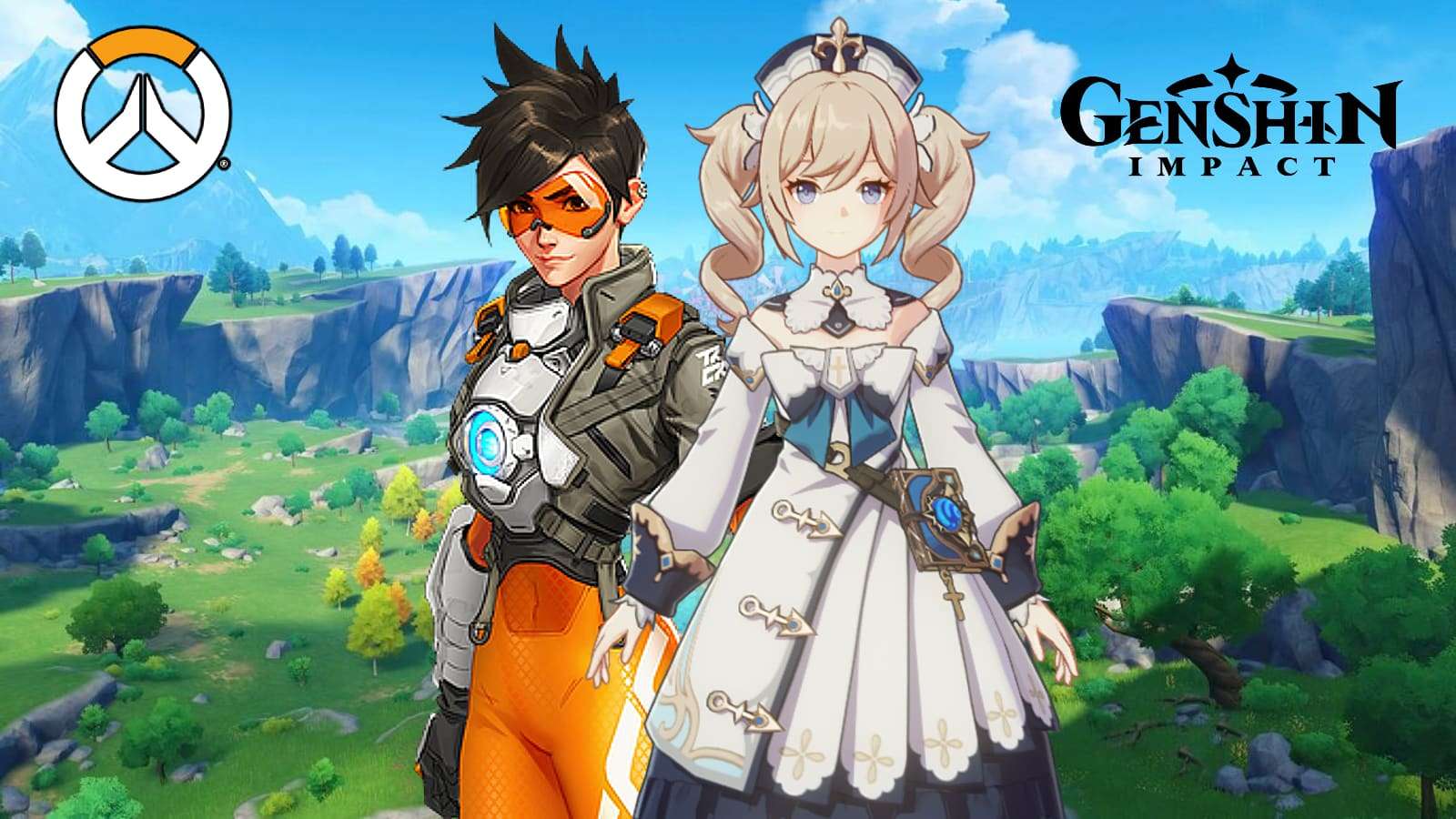 overwatch tracer and genshin impact barbara crossover tevyat background