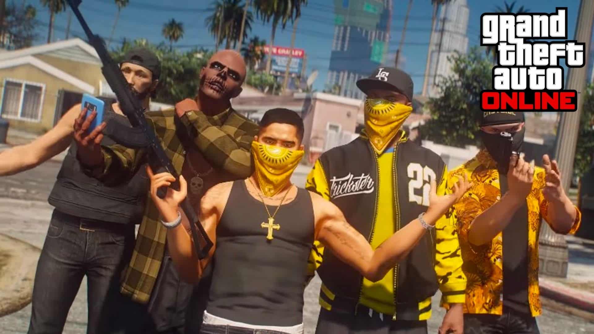 GTA Online vagos gang in yellow posing with weapons