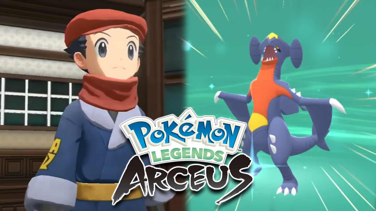 Pokemon Legends Arceus protagonist next to Garchomp evolution screen