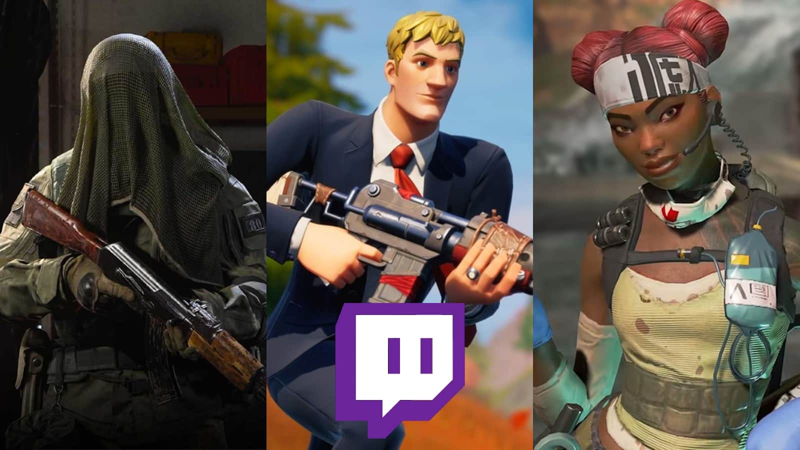 Warzone Fortnite and Apex Legends characters with twitch logo in the middle