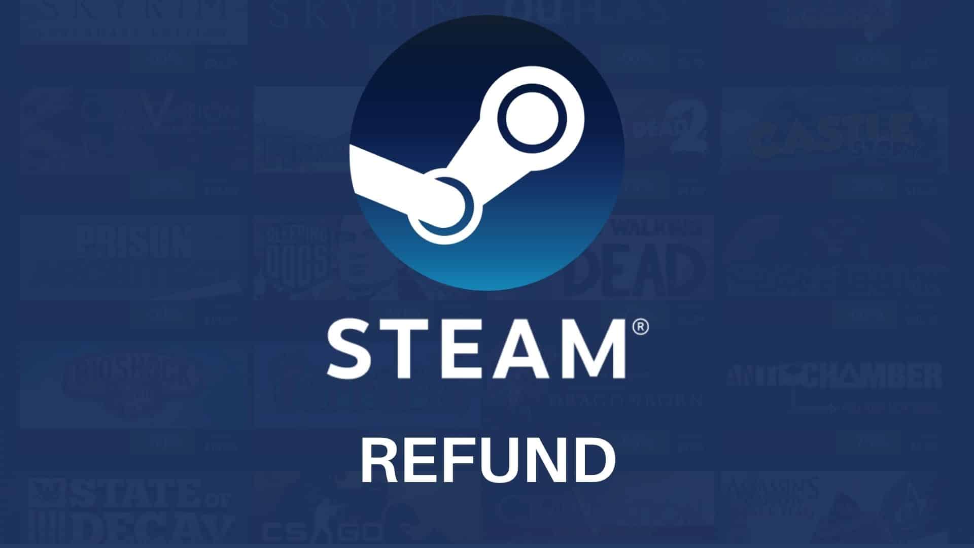An image of the Steam logo with the words 'refund' below it on a blue background