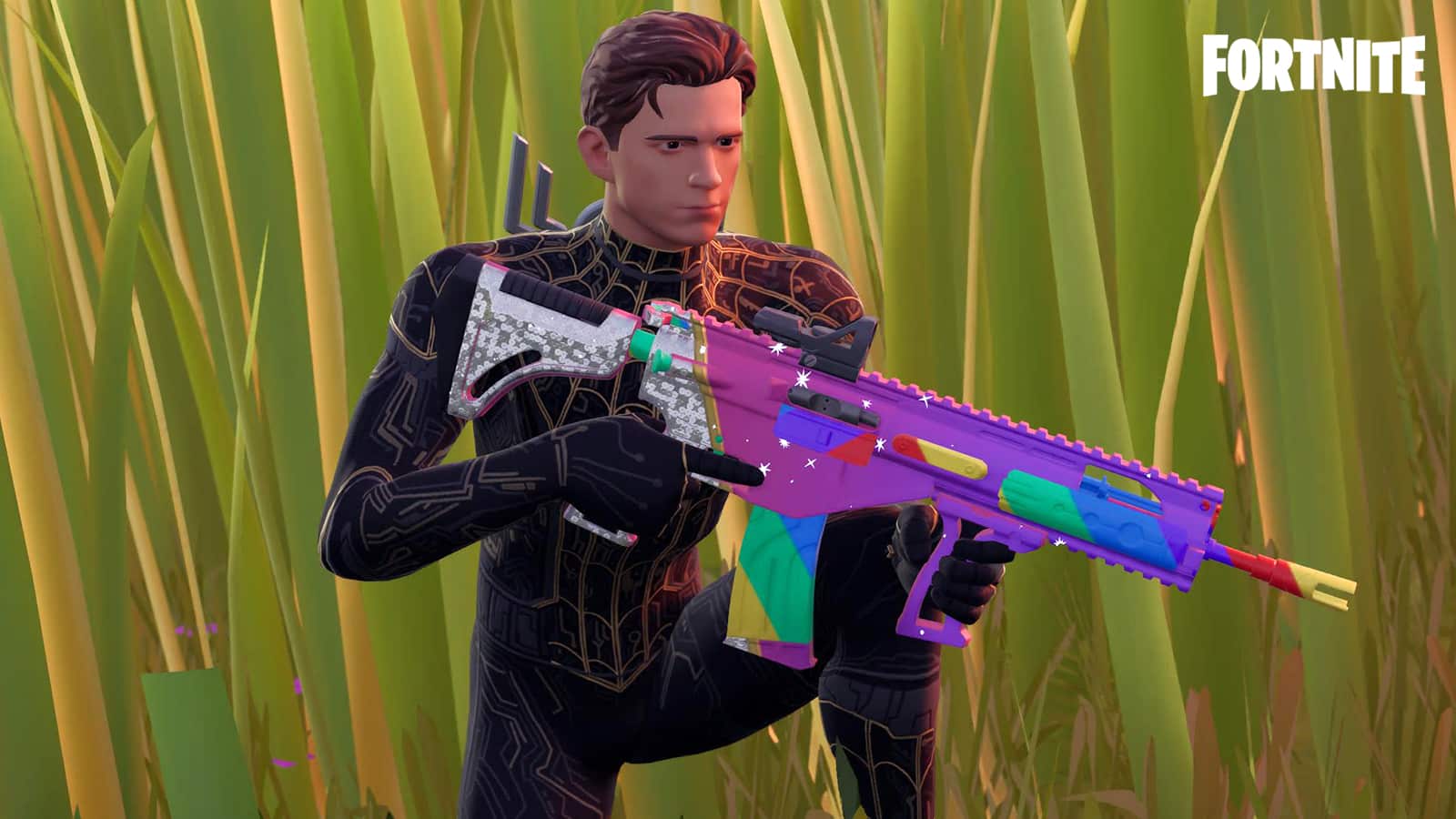 Spider-Man hiding in Tall Grass in Fortnite