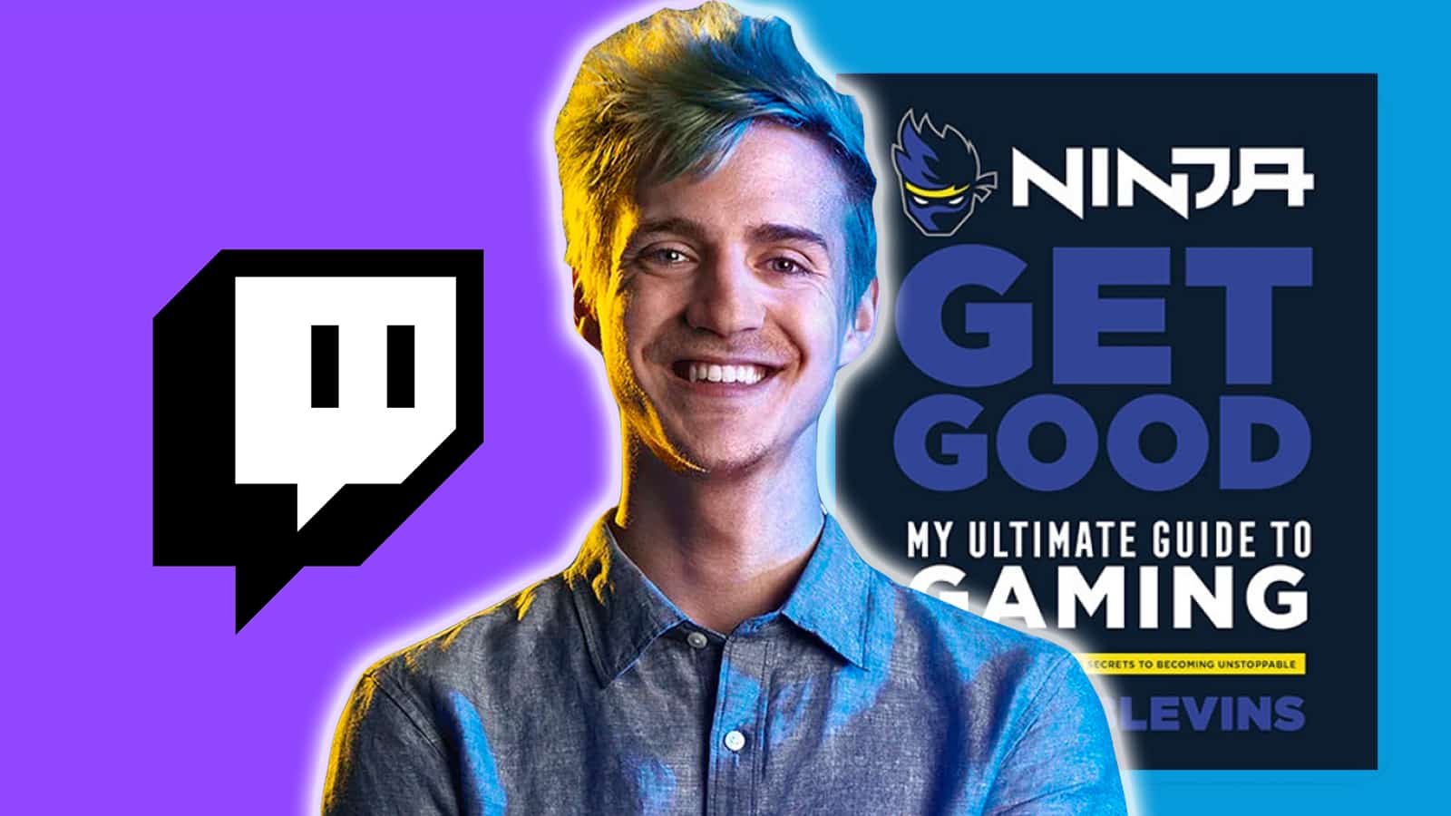An image of Ninja next his book and the twitch logo.